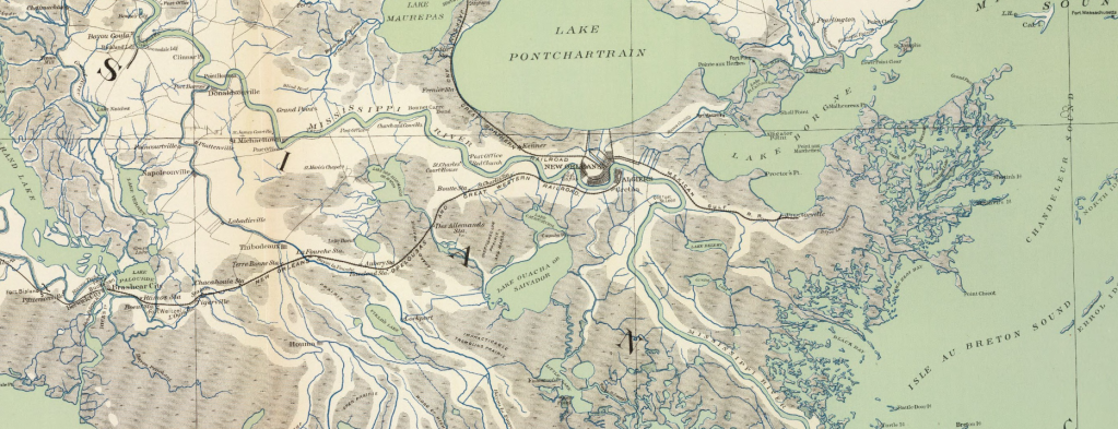 1895 map of Louisiana showing the course of the Bayou Lafourche before it was dammed.