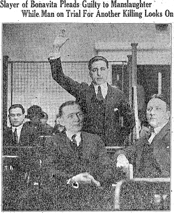 Headline: Slayer of Bonavita Pleads Guilty to Manslaughter While Man on Trial for Another Killing Looks On.  In a courtroom photo, two men are seated in the foreground, the centered one presumably Eugenio Scibelli. Behind him, standing with his arm raised, is Joseph Parisi.