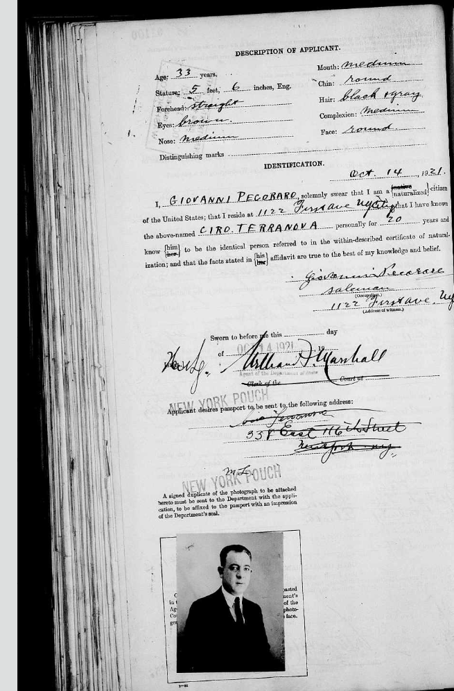 Second page of Ciro Terranova's 1921 passport application includes a sworn statement from Giovanni Pecoraro that he has known Ciro for 20 years. Ciro's photograph is attached.