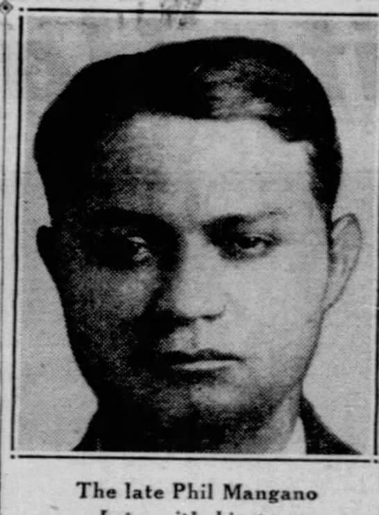 Black and white photo from a newspaper clipping captioned "The late Phil Mangano." He has a menacing look in his eyes and thin, tight lips.