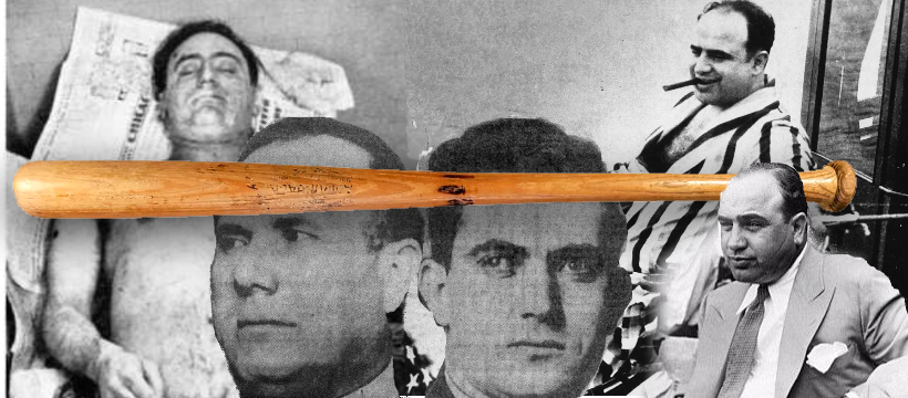 A baseball bat horizontally bisects this montage of images of Giunta, the killer twins Anselmi and Scalise, and Al Capone