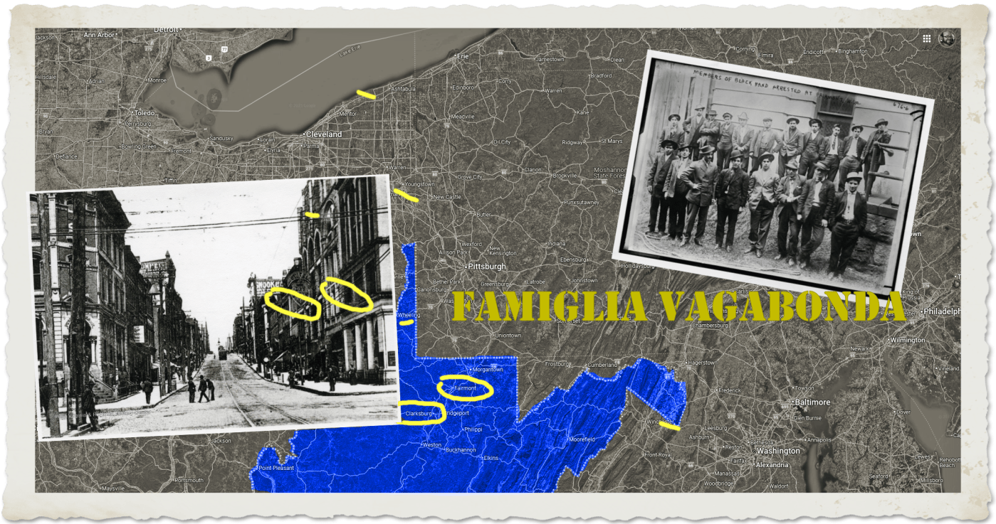 Regional map including PA, WV, MD and photos of Fairmont, WV and the Famiglia Vagabonda