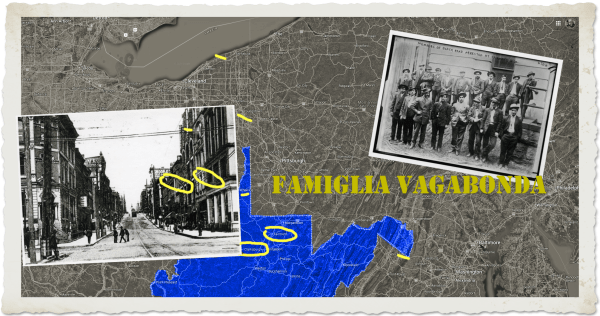 Regional map including PA, WV, MD and photos of Fairmont, WV and the Famiglia Vagabonda