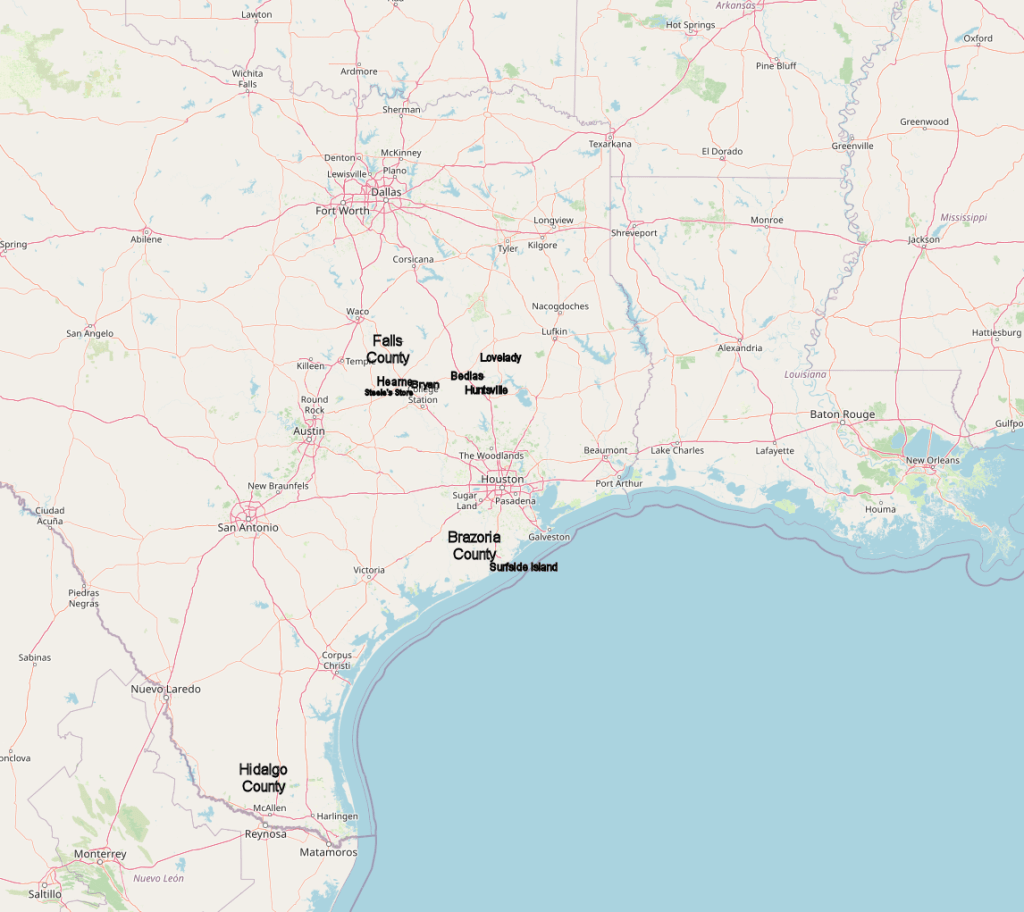 Map of the United States / Gulf of Mexico coastline from the southern tip of Texas on the Mexican border (west/left side) to New Orleans in the east.