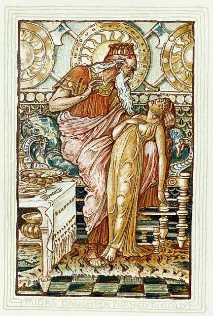 Illustration in the style of Eastern Orthodox iconography in stained glass, depicts a king holding a young girl.