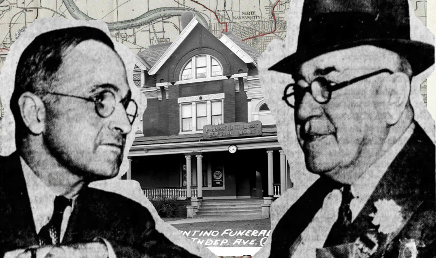 Harry Truman and Tom Pendergast face off in front of the Passantino Brothers Funeral Home