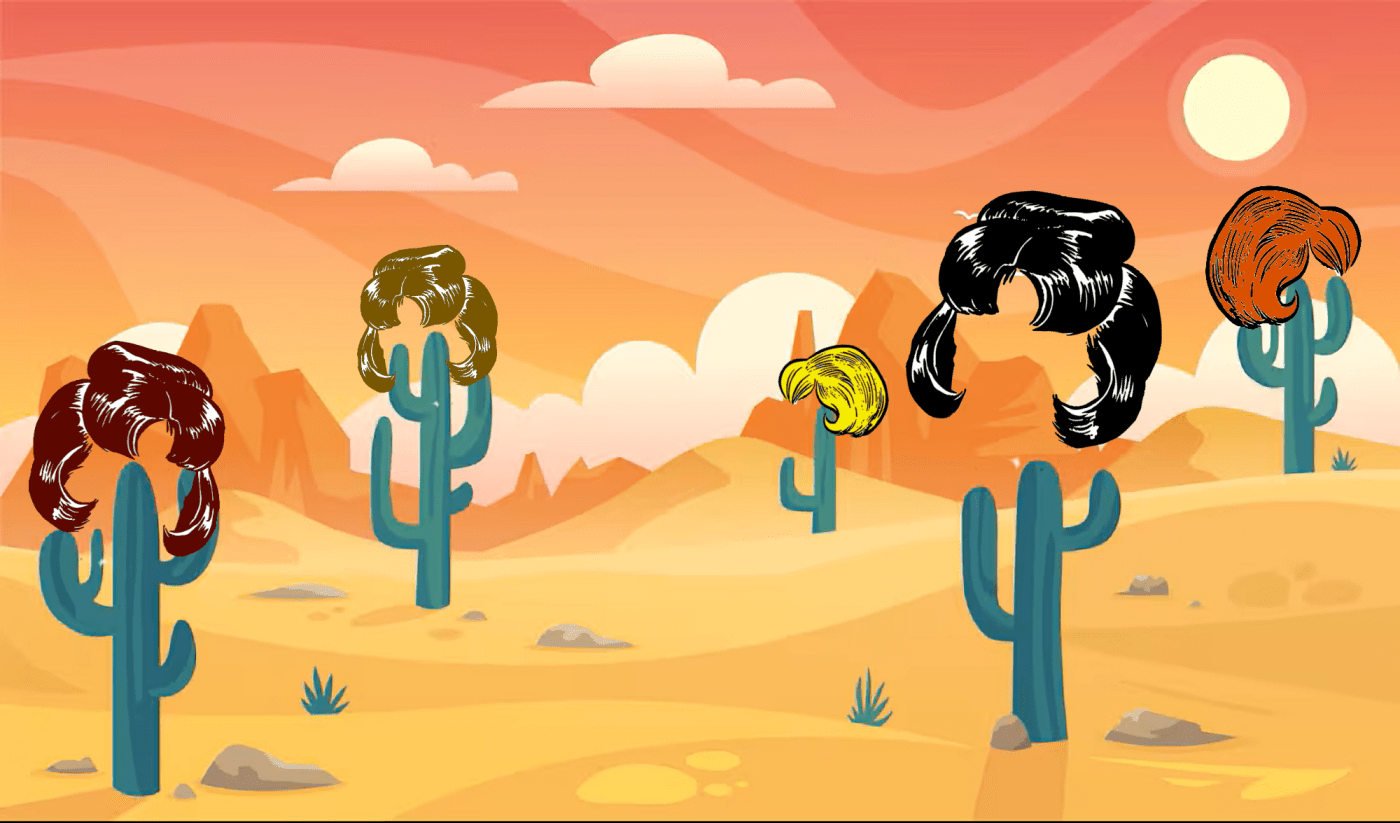 Cartoon 60s-style wigs flying over saguaro cactuses in a cartoon desert.