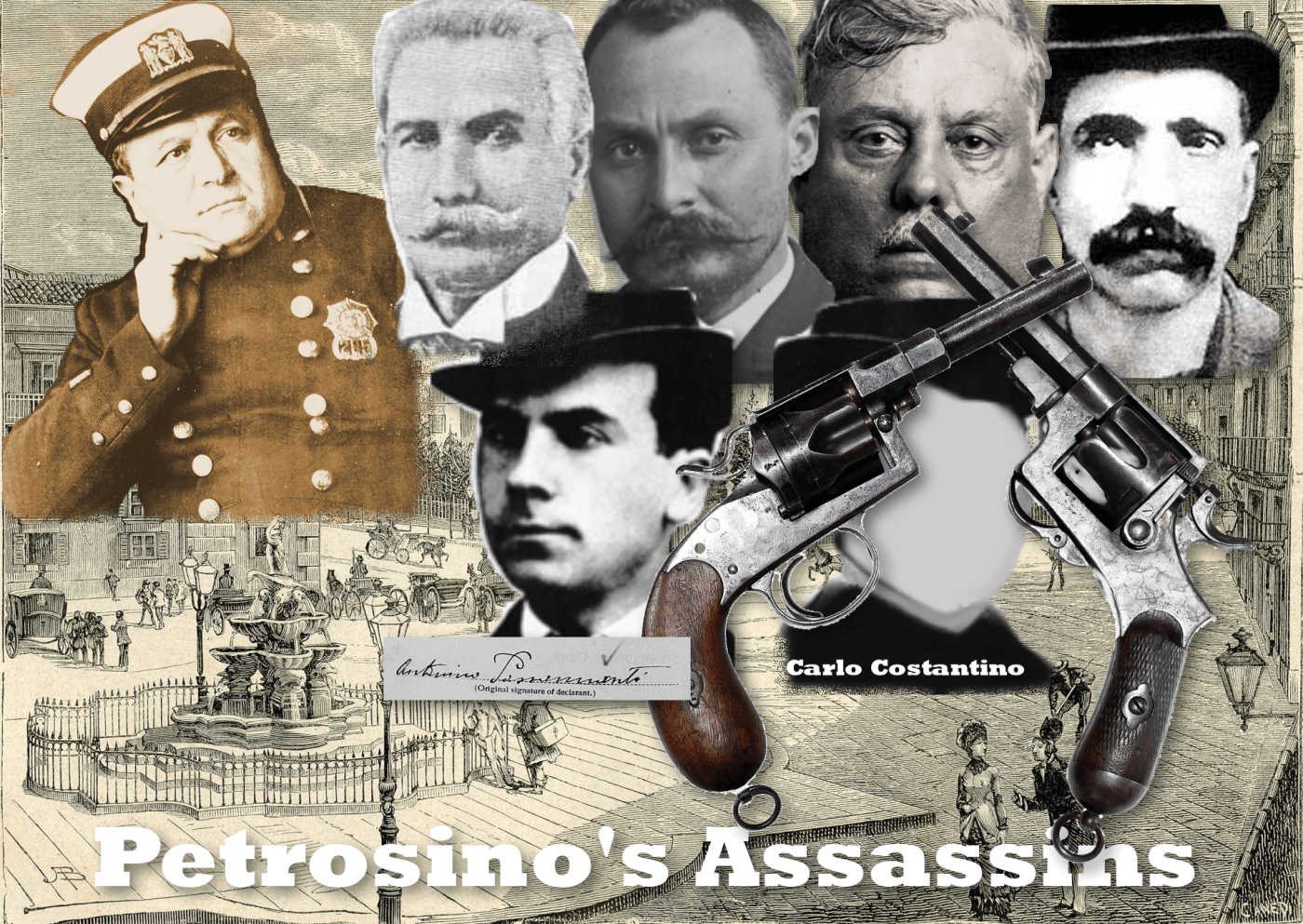 Portraits of Petrosino and the Mafia coalition alleged to have conspired against him.